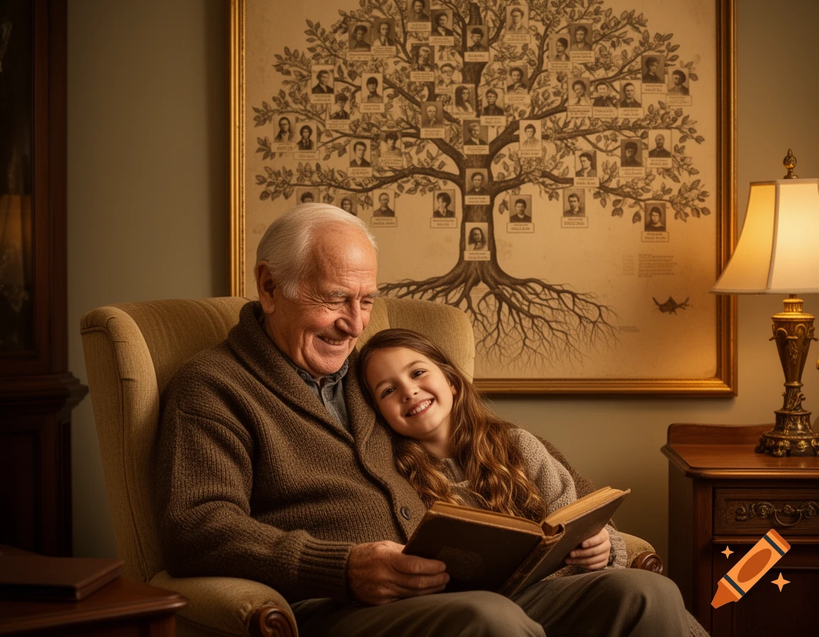 A smiling grandfather and granddaughter read a book in a cozy room with a family tree on the wall.