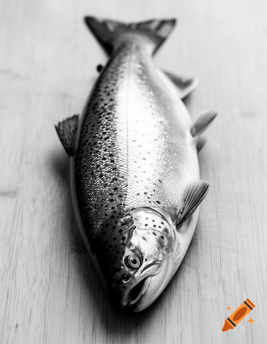 Black and white close-up of a raw king salmon on a textured surface, viewed from above.
