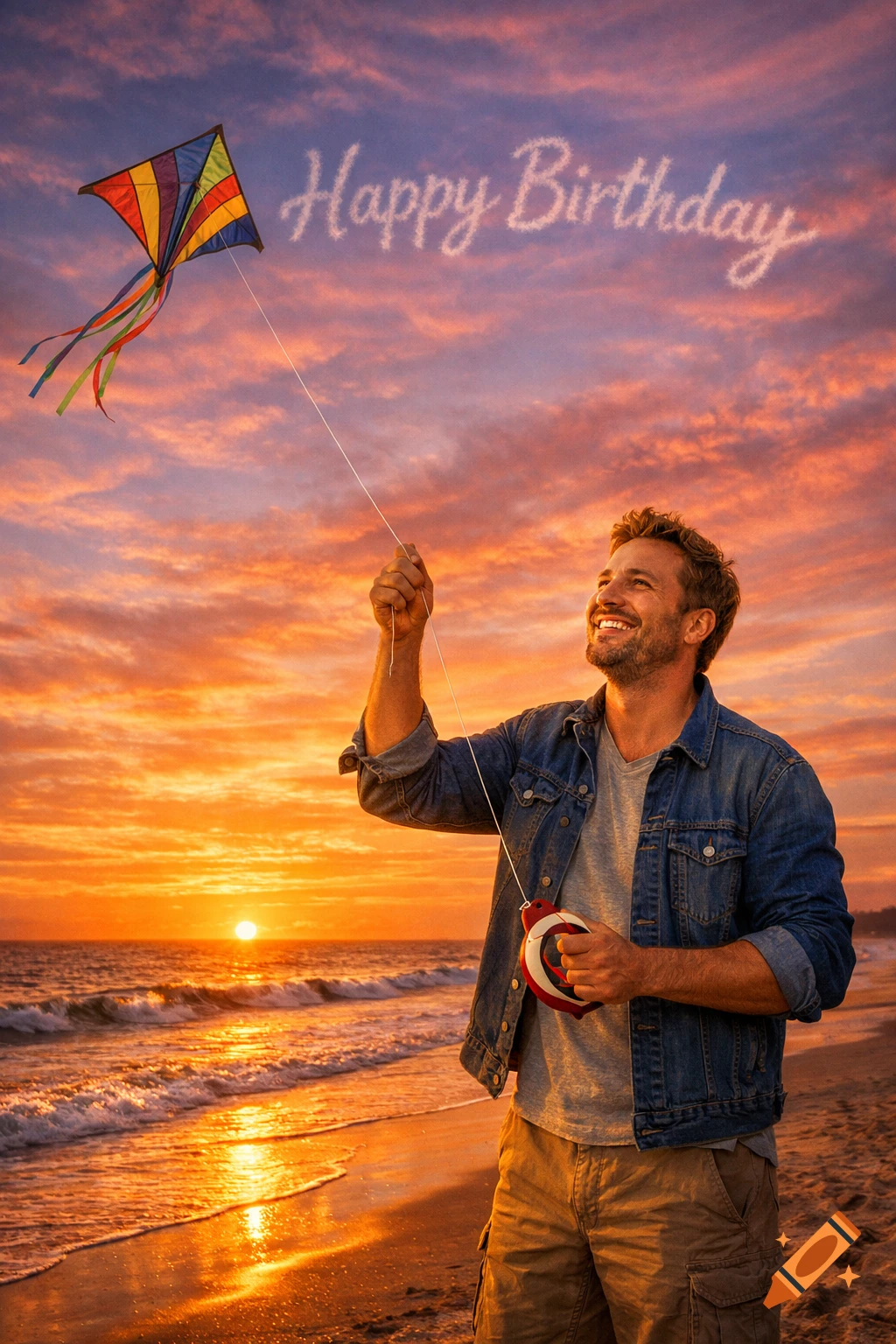 A smiling man flying a colorful kite on a sandy beach at sunset, with 'Happy Birthday' written in the clouds.