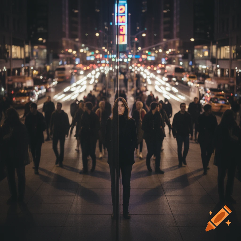 A woman stands in a busy city street at night, her reflection split by a vertical line, surrounded by blurred pedestrians and car light trails.
