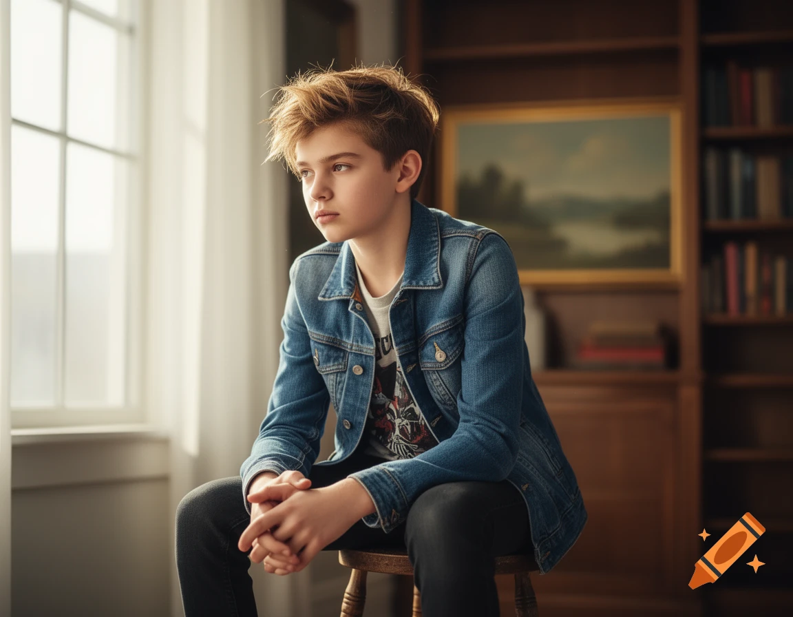 Photorealistic portrait of a thoughtful young boy with messy hair, wearing a denim jacket, sitting by a window in a cozy room.