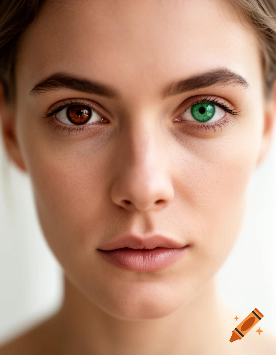 Close-up photorealistic portrait of a woman with one brown eye and one green eye.