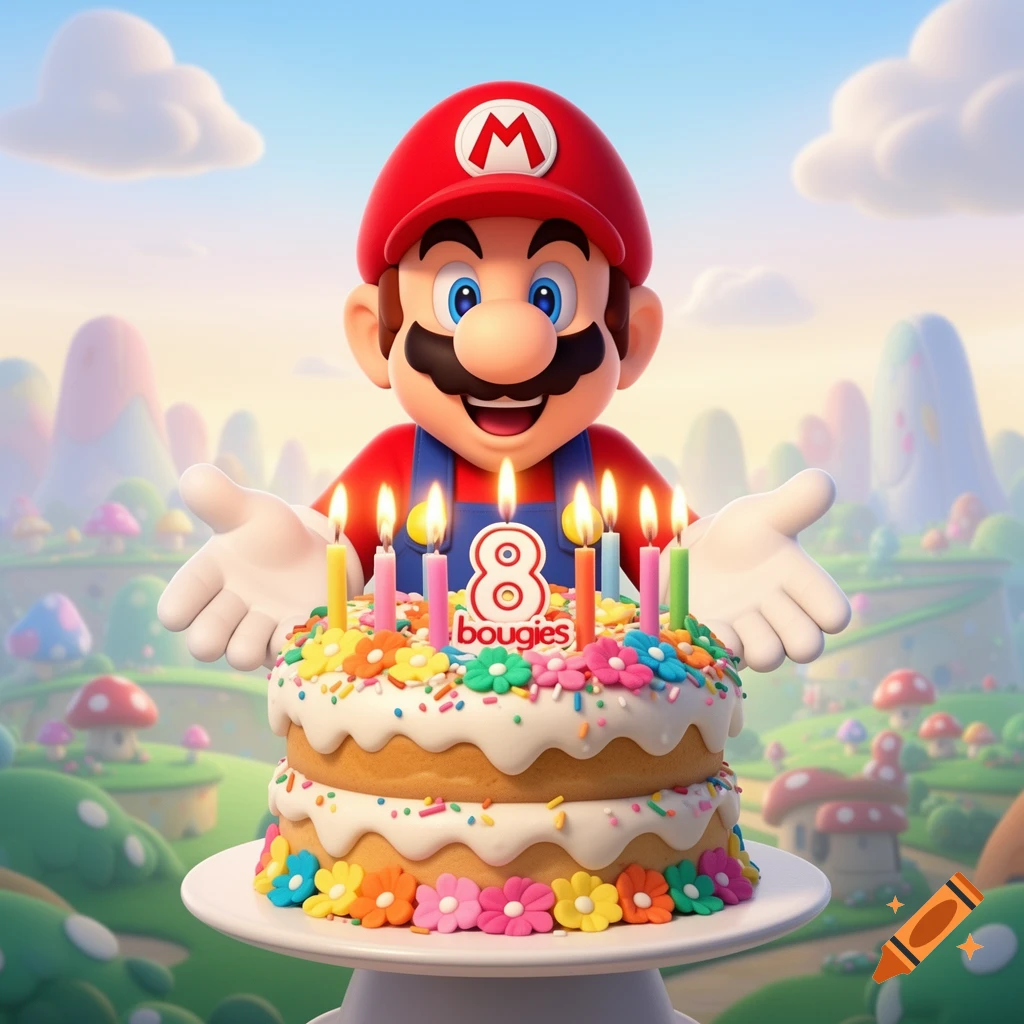 A cheerful Super Mario character stands with open arms behind a two-tier birthday cake adorned with '8 bougies' text and colorful flowers in a whimsical landscape.