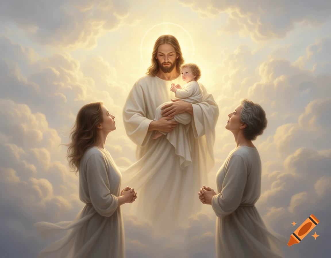 Jesus holding a baby in a heavenly cloudscape as two women look up at him, bathed in golden light.