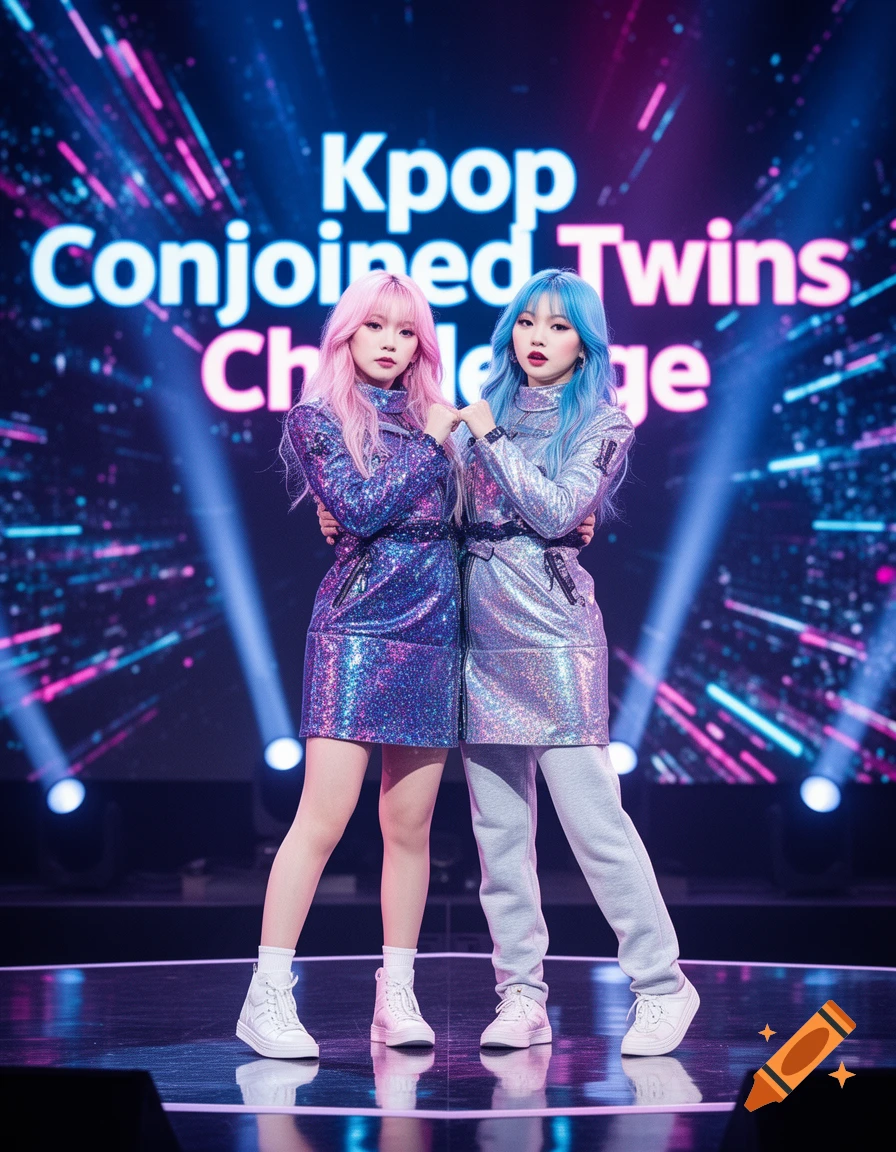 Two women with pink and blue hair, wearing sparkling outfits, stand on a stage with "Kpop Conjoined Twins Challenge" text on the screen behind them.
