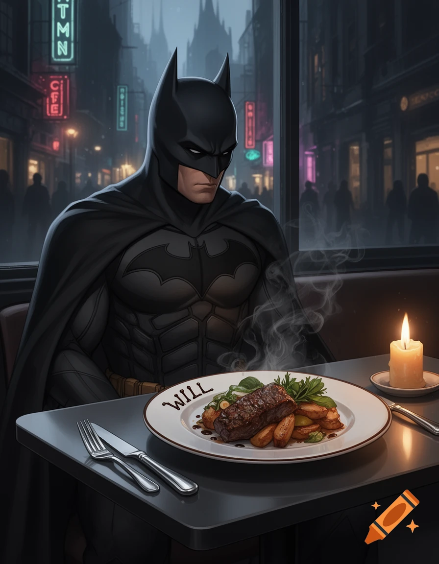 Batman in full costume sits at a table in a dimly lit city cafe, eating a steak dinner from a plate marked "WILL" by candlelight.