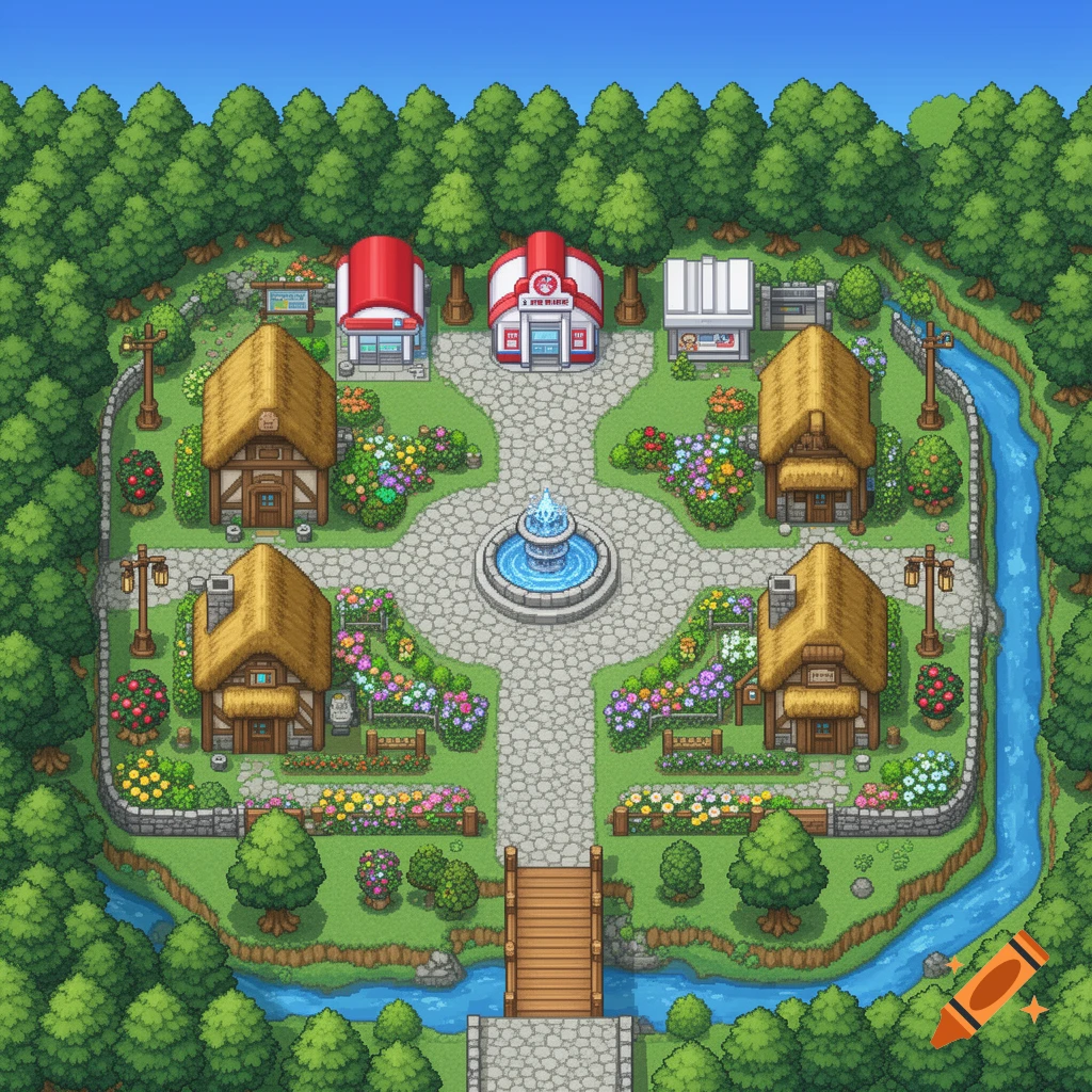 A colorful 2D top-down pixel art RPG map of a village with thatched-roof houses, a central fountain, winding stone paths, flower gardens, a river, a wooden bridge, and a surrounding forest. Several small shop buildings are visible at the top.