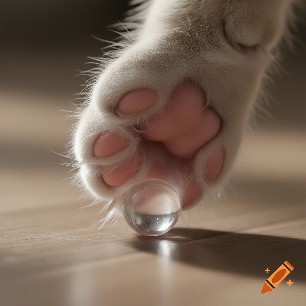 Close-up of a furry cat paw with pink toe beans gently pressing a clear glass sphere on a wooden surface.