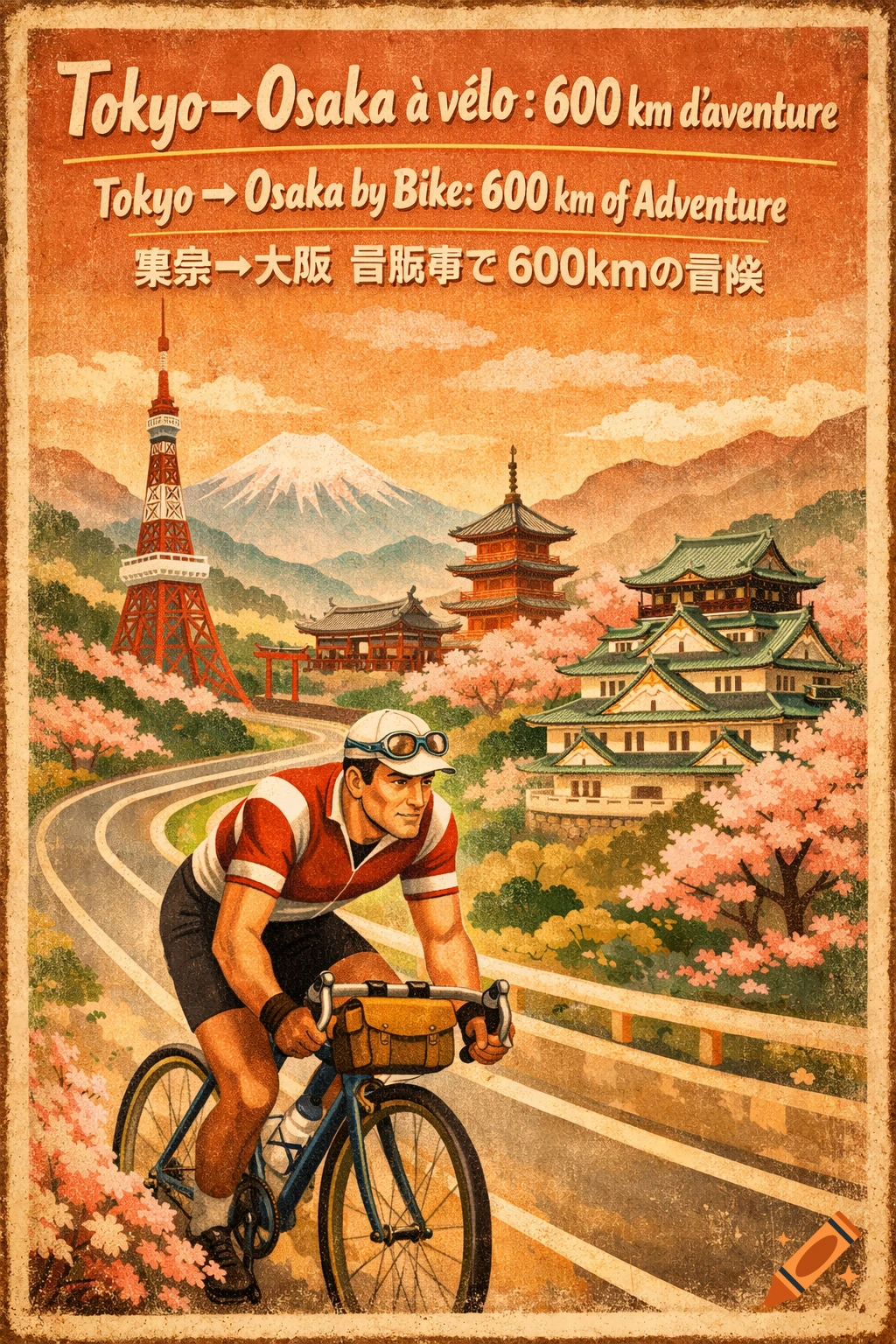 Vintage travel poster depicting a cyclist on a road with Mount Fuji, Tokyo Tower, temples, and a castle in Japan, styled with aged paper texture.