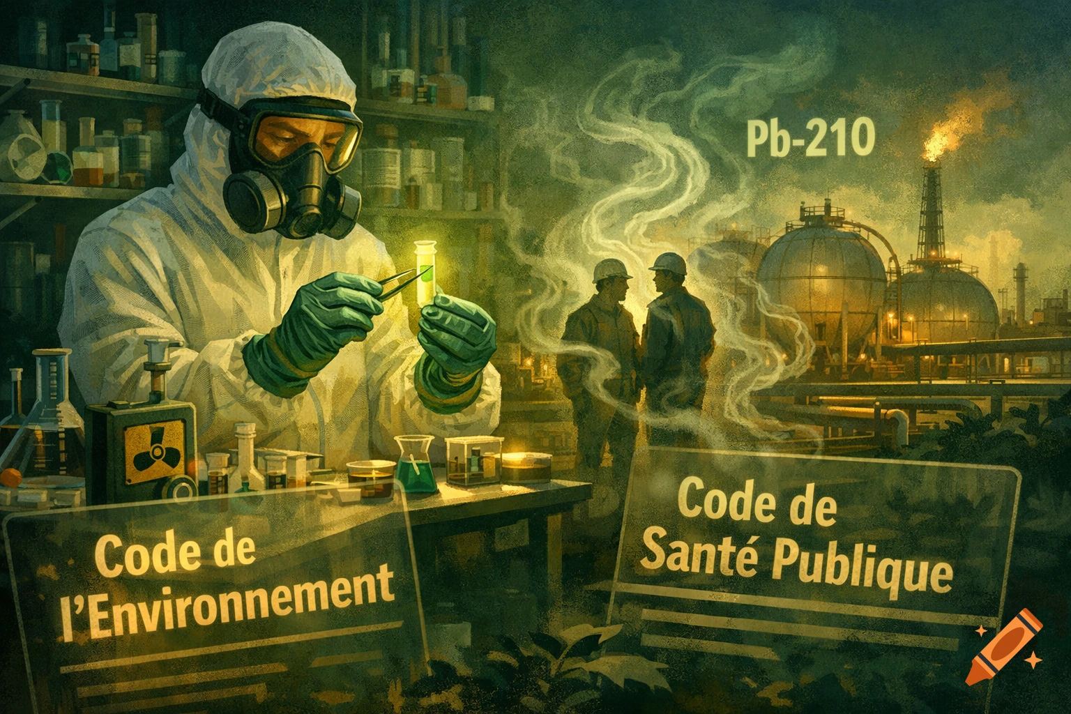 A scientist in a hazmat suit holds a glowing vial in a lab, with an industrial plant, "Pb-210", "Code de l'Environnement", and "Code de Santé Publique" text in the background, in a painterly style.