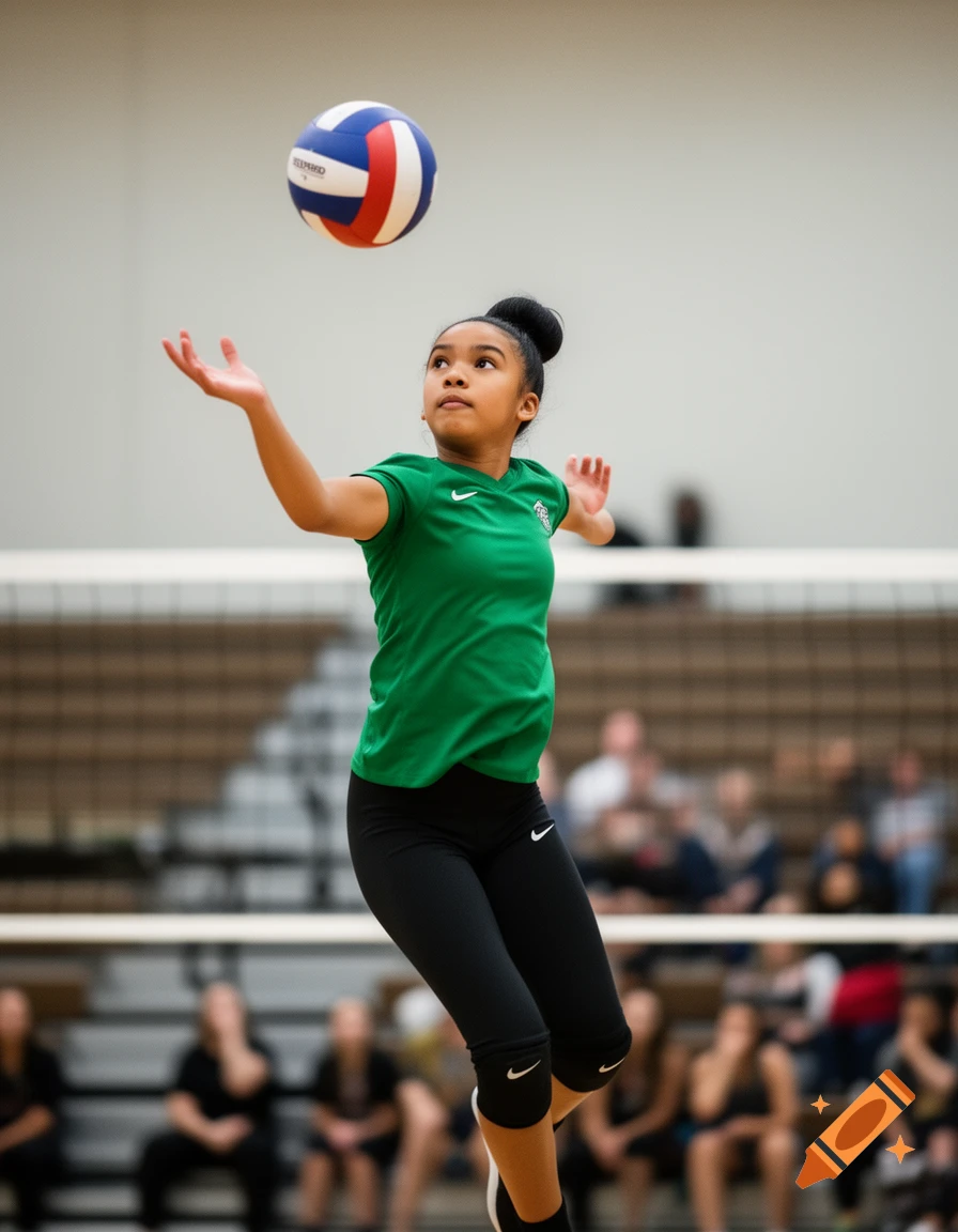 A girl with black hair in a high bun, wearing a green jersey and black Nike pants, jumps to spike a volleyball indoors.