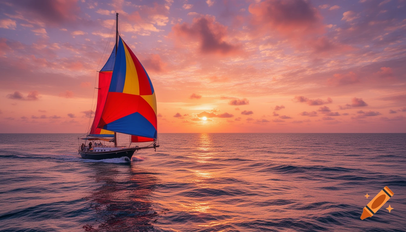 A dynamic sailboat with colorful sails cruises on a wavy ocean under a vibrant sunset sky.