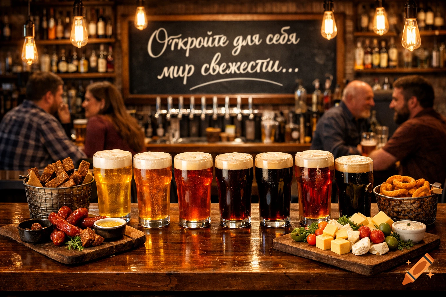 A rustic bar counter with a line of seven beer glasses in varying shades, surrounded by platters of sausages, cheese, and fried bread. Blurred patrons chat in the background under warm Edison bulb lighting.