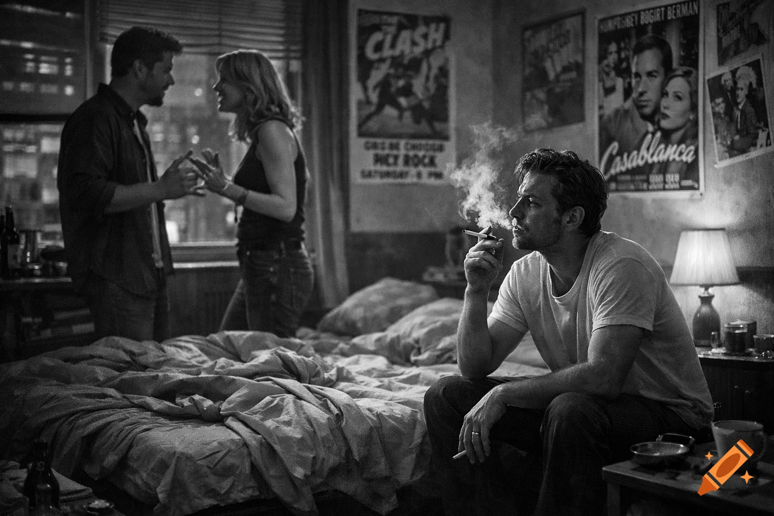 Black and white photo of an urban apartment. A man smokes on a bed while a couple stands talking in the background.
