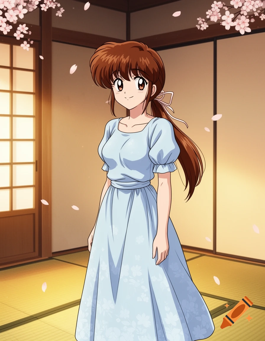Anime illustration of a smiling woman with brown hair in a light blue dress, standing in a Japanese room with falling cherry blossoms.