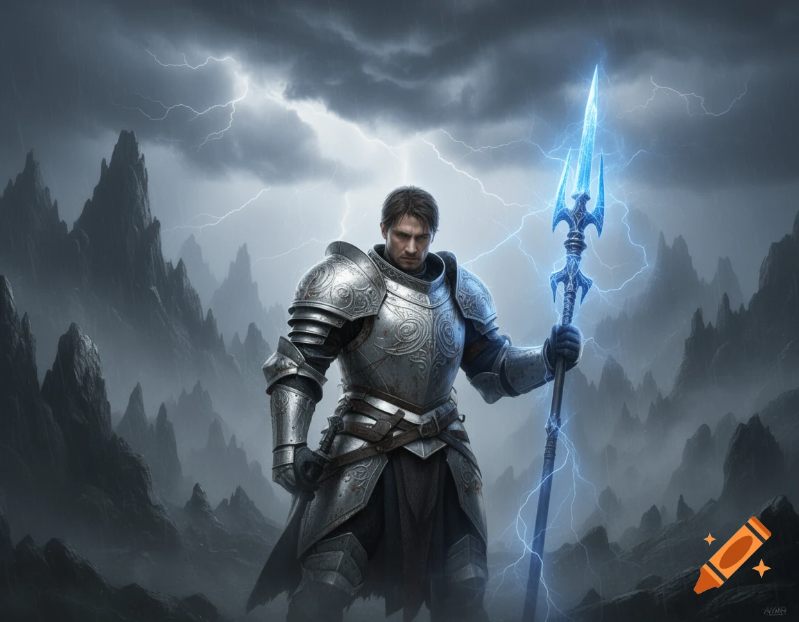 A photorealistic depiction of a paladin in armor holding a glowing blue lightning spear amidst a stormy, rocky landscape.