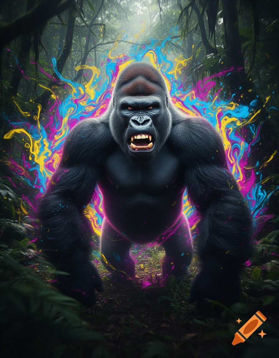 An angry gorilla roars, surrounded by vibrant psychedelic energy in a dark jungle.