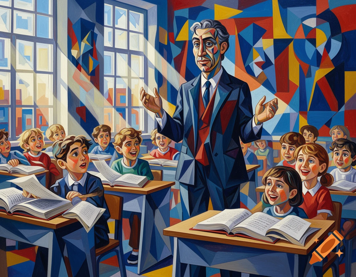 A teacher with geometric features instructs an elementary school class, all rendered in a vibrant Cubist art style within a classroom.