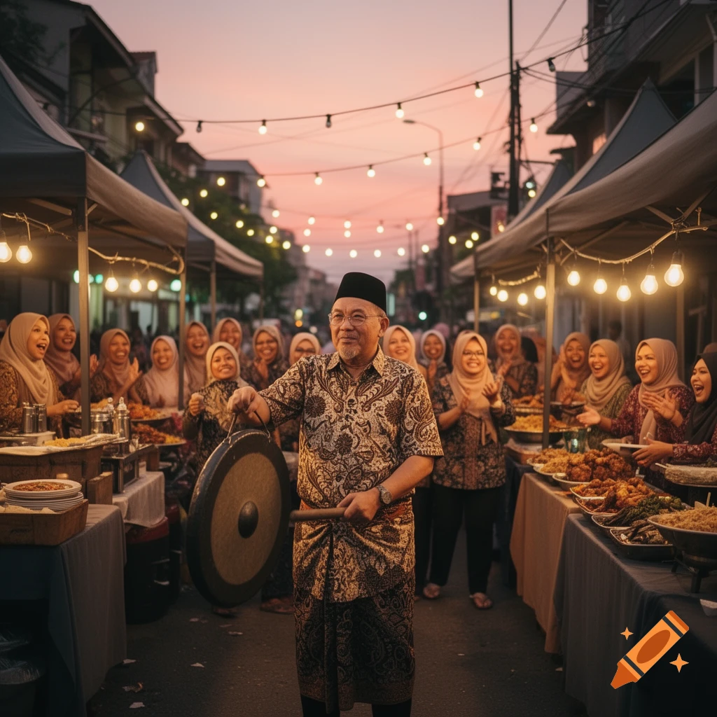 An older man in traditional patterned clothing plays a gong, surrounded by smiling women and food stalls at an outdoor market with string lights and a sunset sky.