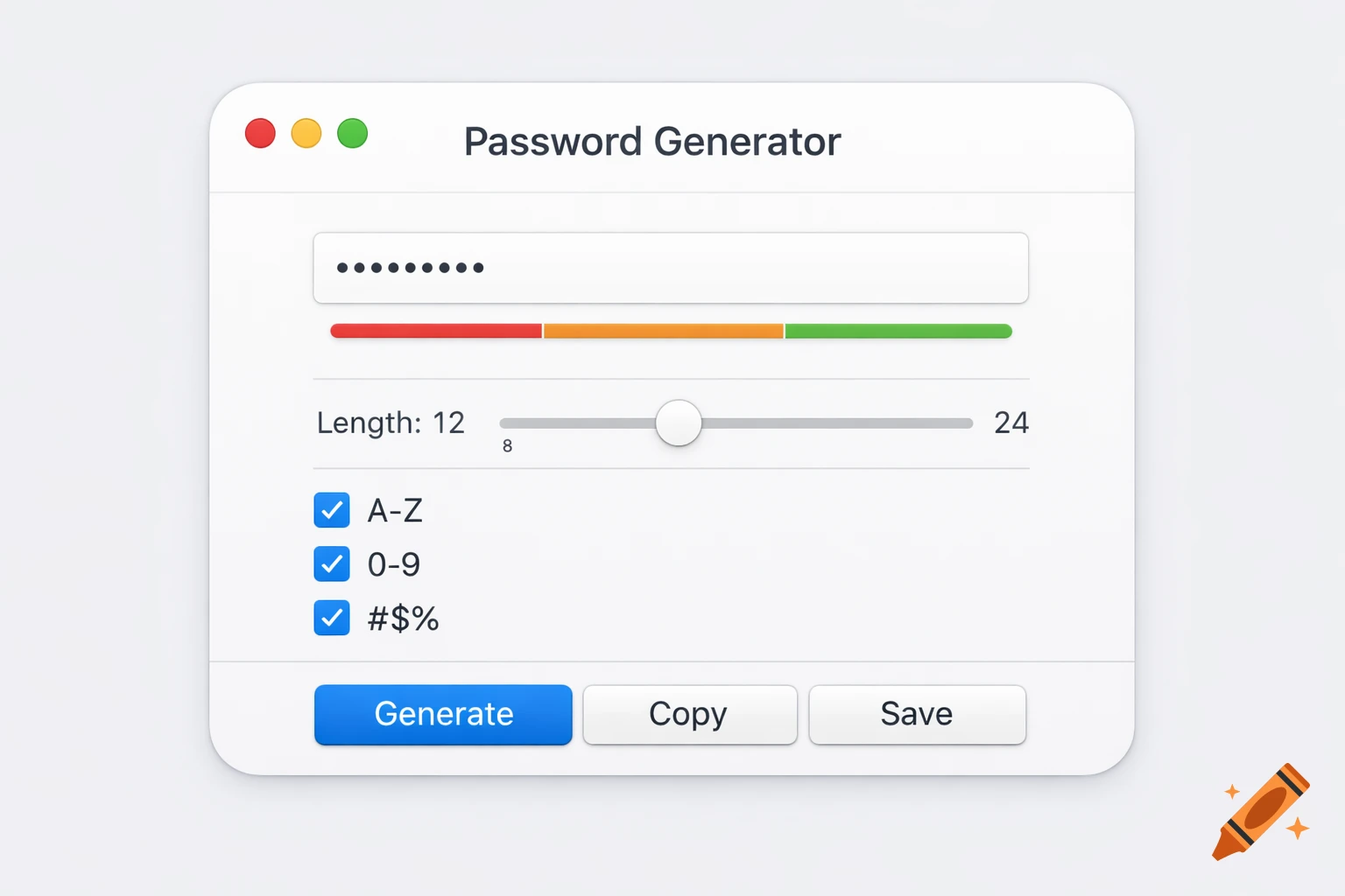 A macOS-style password generator interface with a password field, strength indicator, length slider, character type checkboxes, and generate, copy, and save buttons.