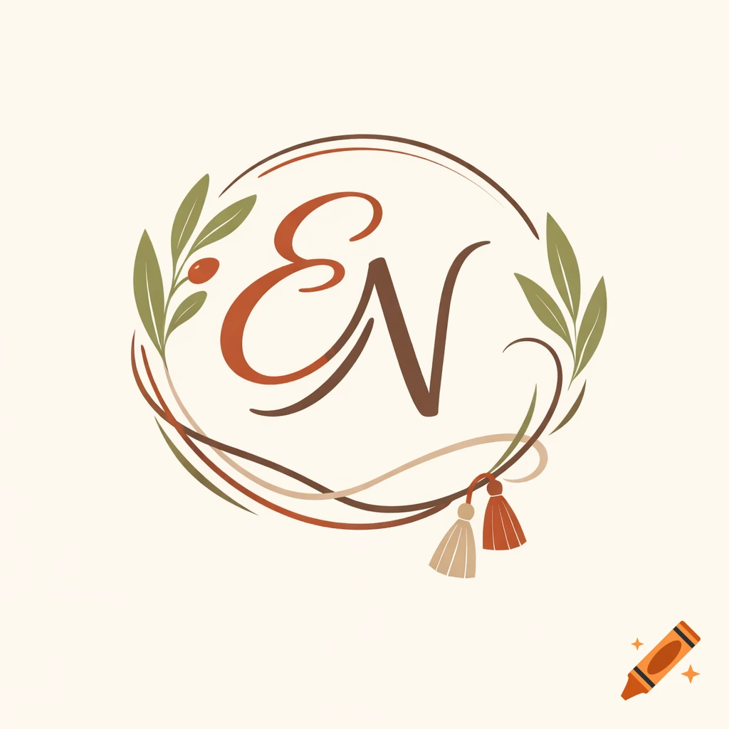 Elegant minimalist logo with intertwined E and N initials, surrounded by olive branches and tassels on a cream background.