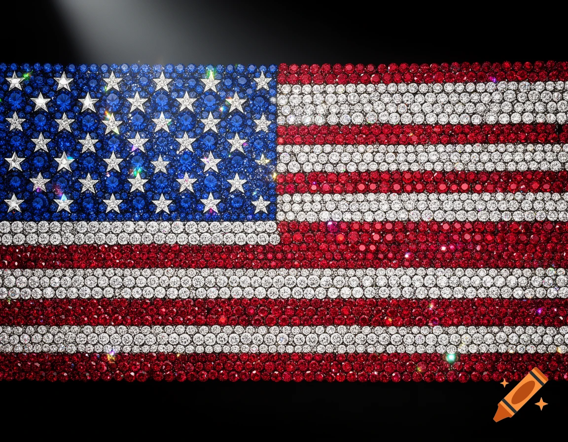 An American flag made of sparkling red, white, and blue diamonds, illuminated by a spotlight against a dark background.