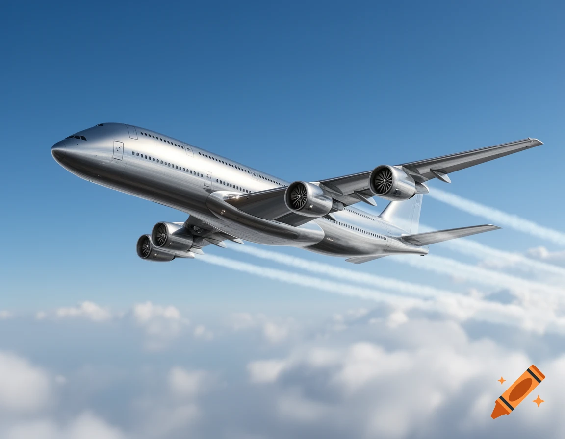 A silver double-decker passenger jet airliner with four engines flies above clouds against a blue sky, leaving white contrails.
