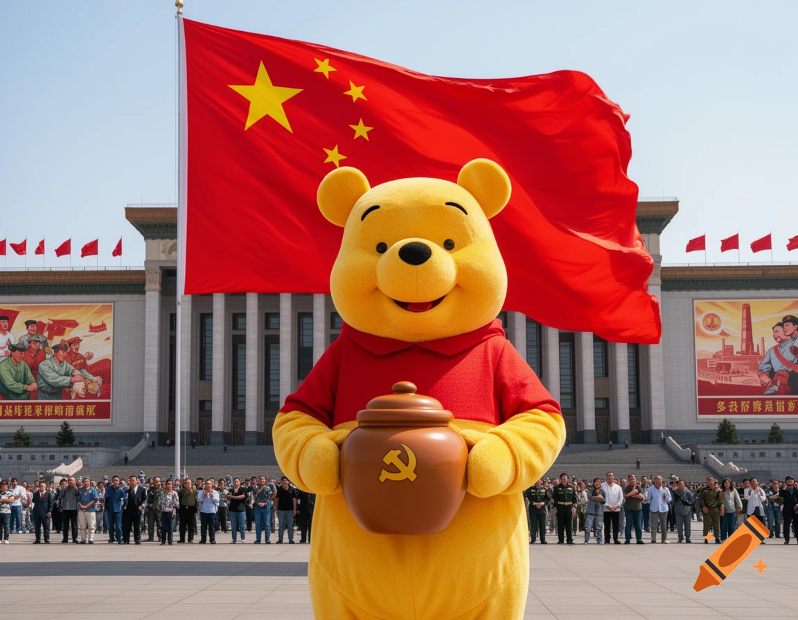 Winnie the Pooh mascot holding a pot with a hammer and sickle, standing in front of a large Chinese flag and communist propaganda posters.
