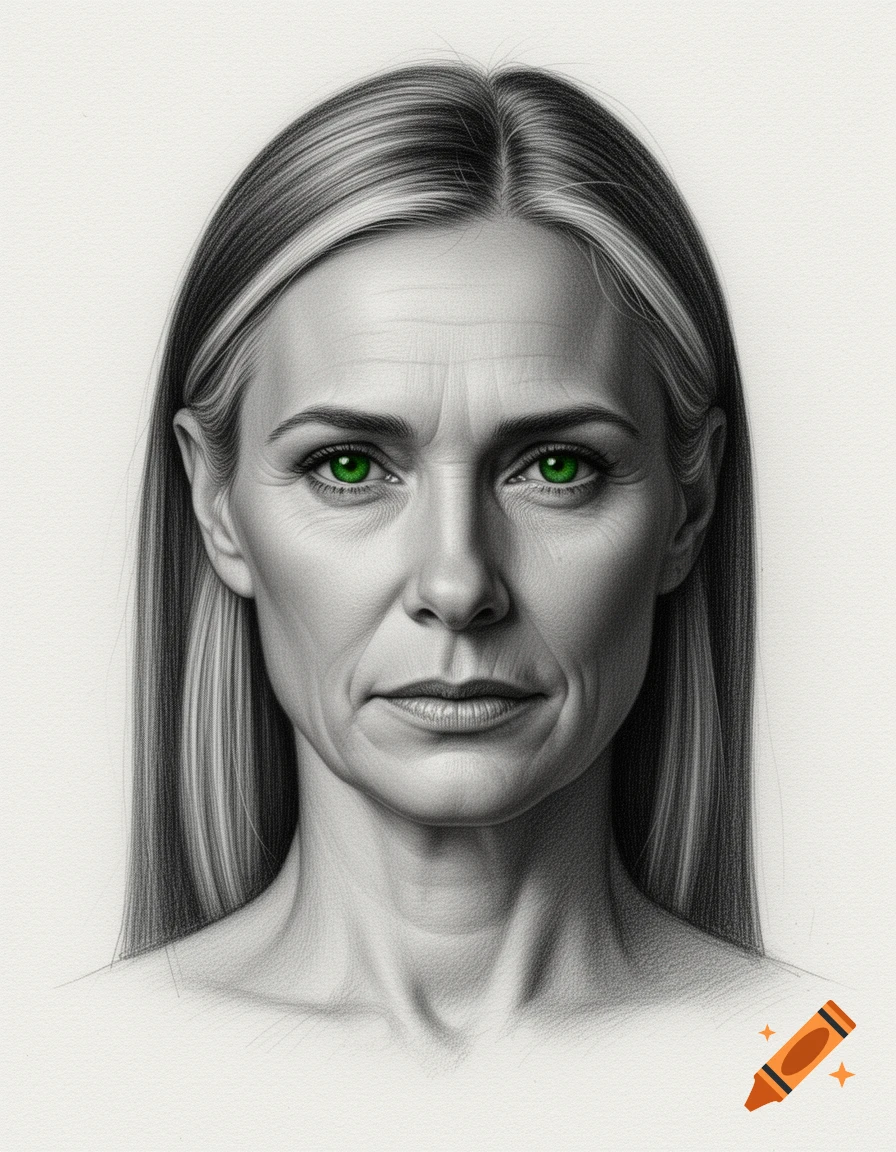 A hyper-realistic digital pencil portrait of a woman with green eyes, subtle wrinkles, and straight hair with gray strands.