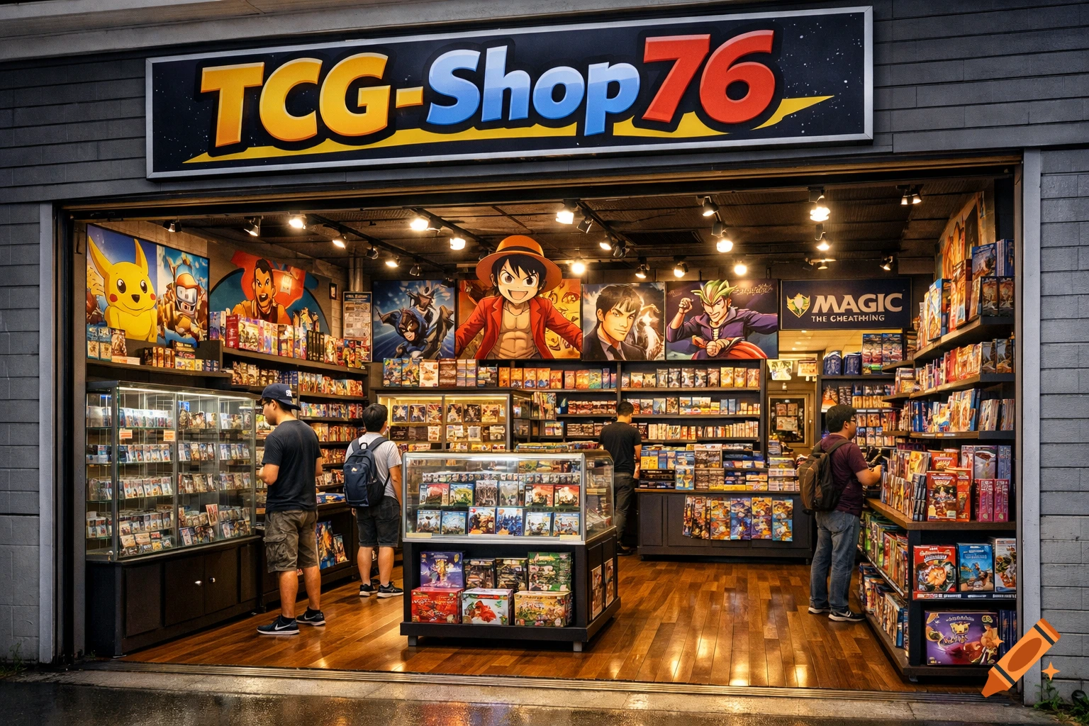 A vibrant trading card game shop named TCG-Shop76 with customers browsing shelves filled with games and posters of anime characters.