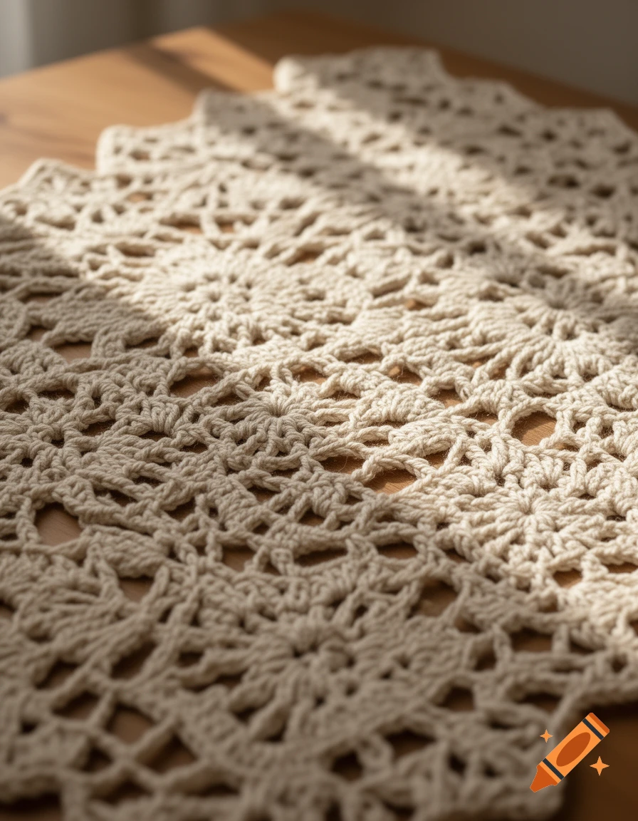 Close-up of a beige crochet pattern on a wooden table, with sunlight casting shadows.