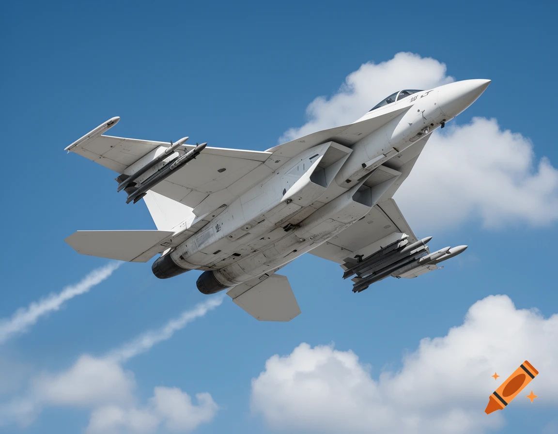 A white fighter jet with missiles on its wings flies low in a blue sky with some white clouds and contrails.
