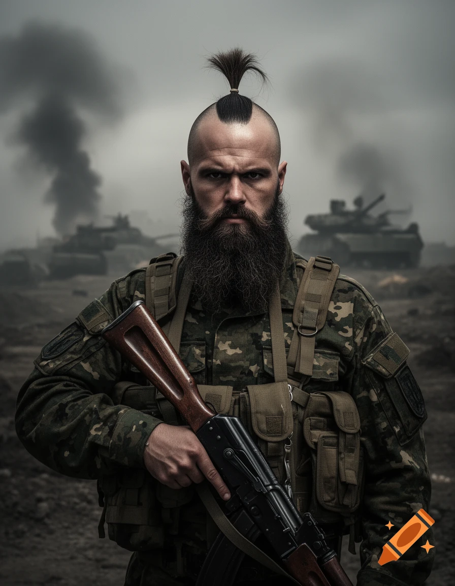 A fierce-looking bearded man with a topknot, in camouflage, holding a rifle on a smoky battlefield with tanks.