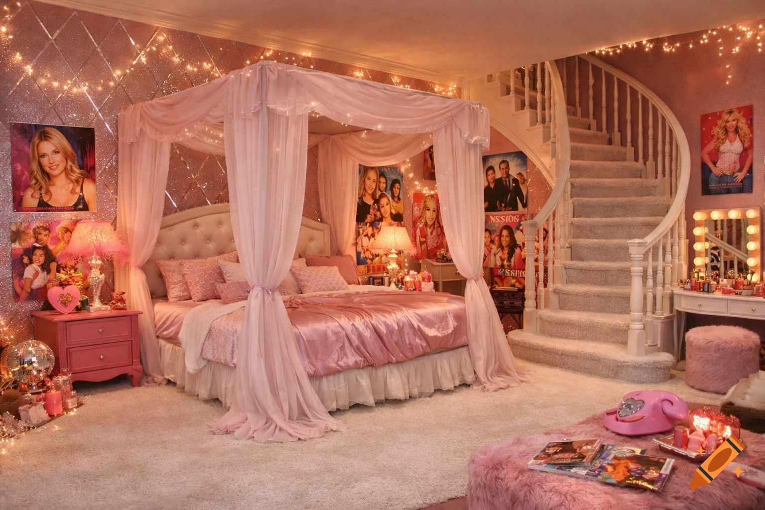 A glamorous pink bedroom with a canopy bed, a curved staircase, glittery walls, and celebrity posters, evoking a 2000s popular girl's style.