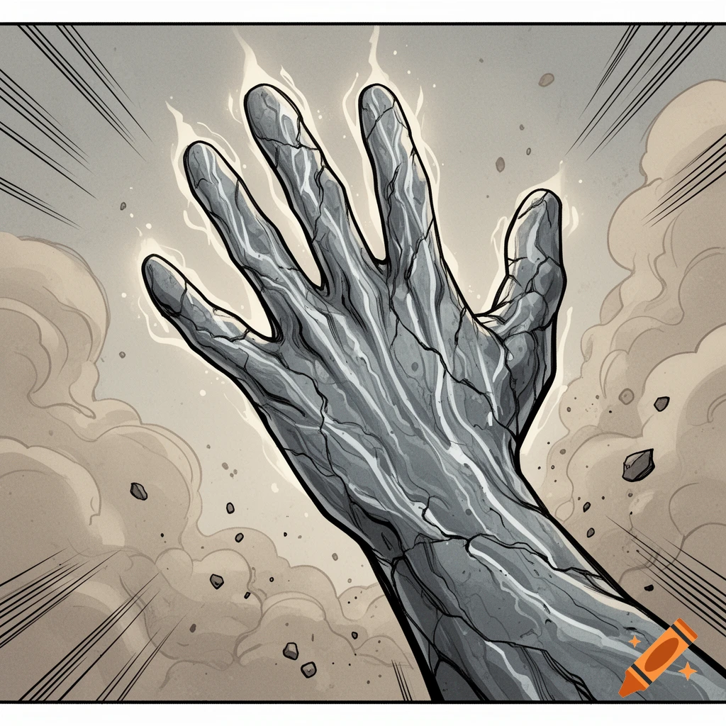 A close-up, first-person view of a gray, veiny hand transforming into stone, depicted in a comic book style with glowing energy and speed lines.