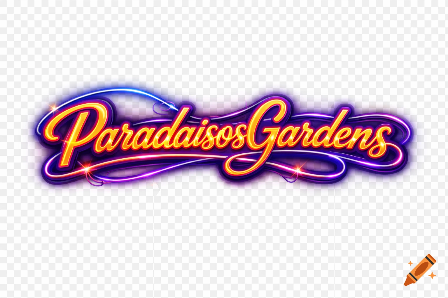 Neon sign with 'ParadaisosGardens' in glowing orange and purple letters, designed to look like a cable, on a transparent background.