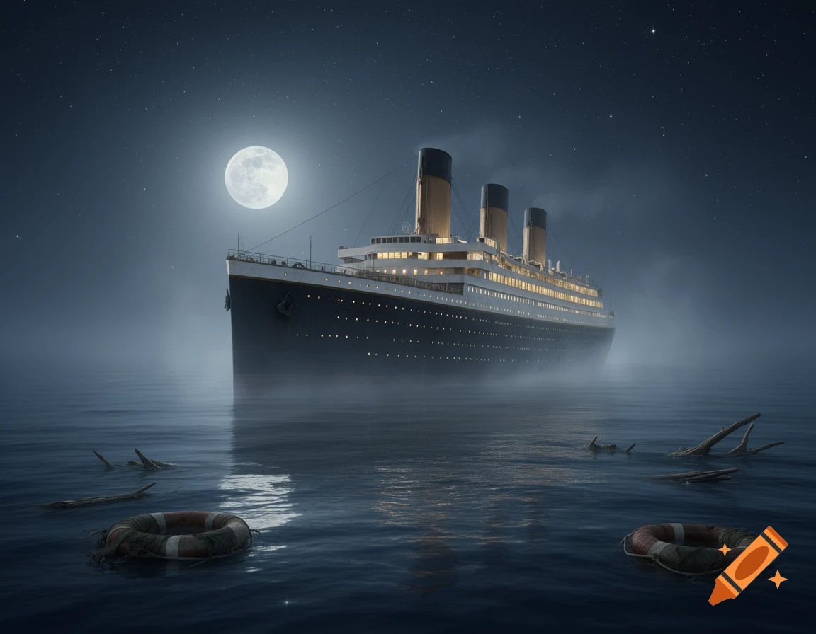 A photorealistic Titanic-like ship emerges from fog on a moonlit ocean. Life preservers and debris float in the water.