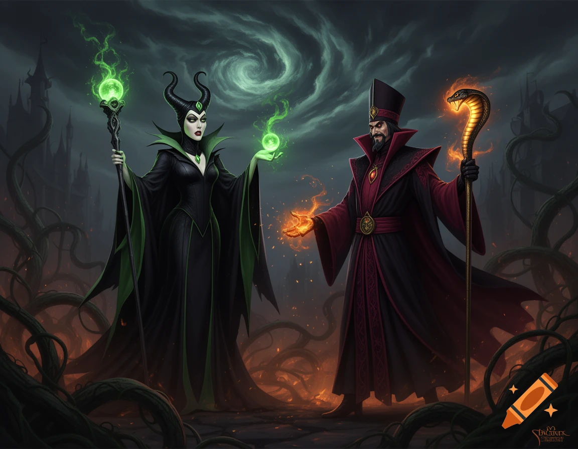 Maleficent and Jafar stand opposite each other, casting green and orange magic in a dark, vine-filled fantasy landscape.
