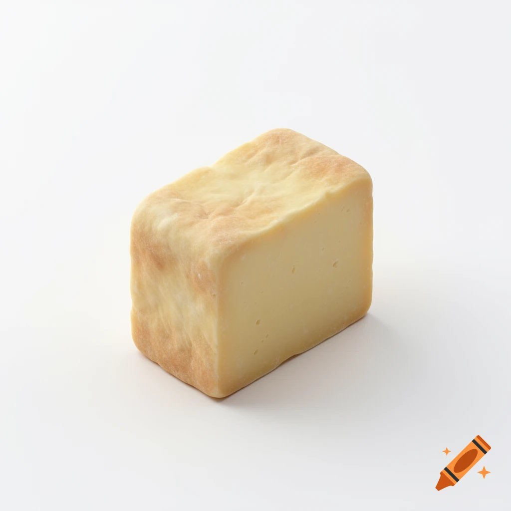 A rectangular block of cheese with a light rind on a white background, viewed in isometric perspective.