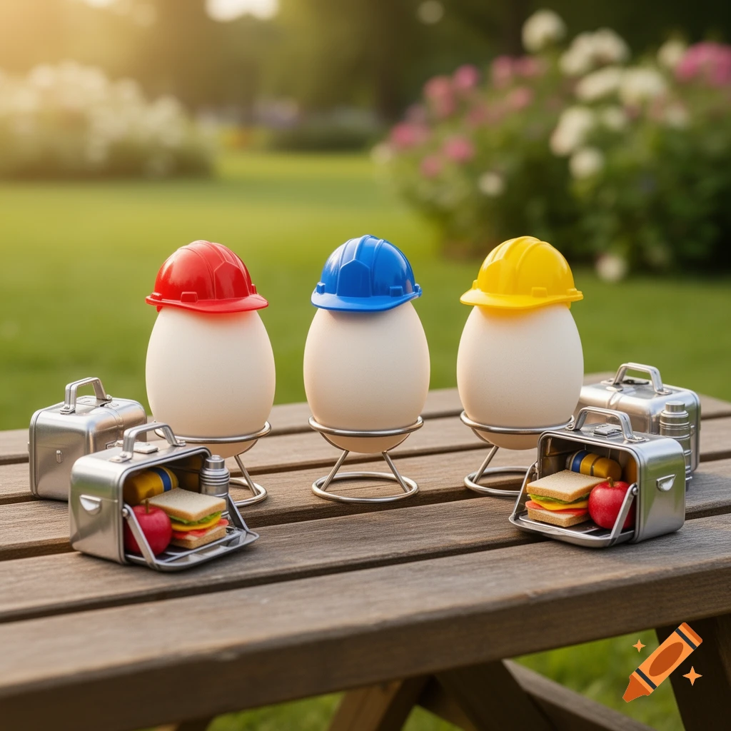 Three hard-boiled eggs in red, blue, and yellow hard hats sit on a wooden table with miniature lunch pails in a sunny garden.
