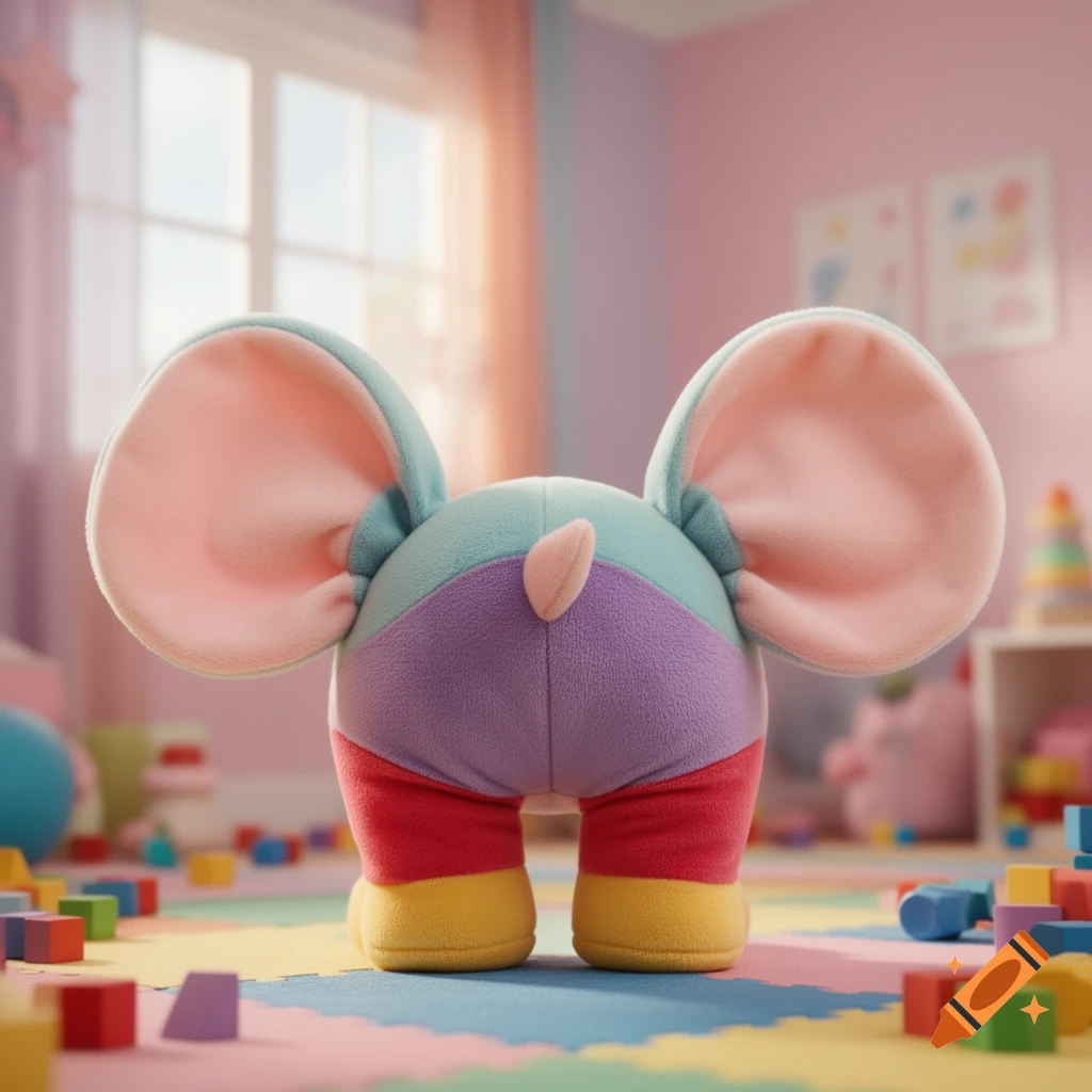 Back of a colorful plush toy with large pink ears and a tiny tail, standing on a playmat with blocks in a sunny child's room.