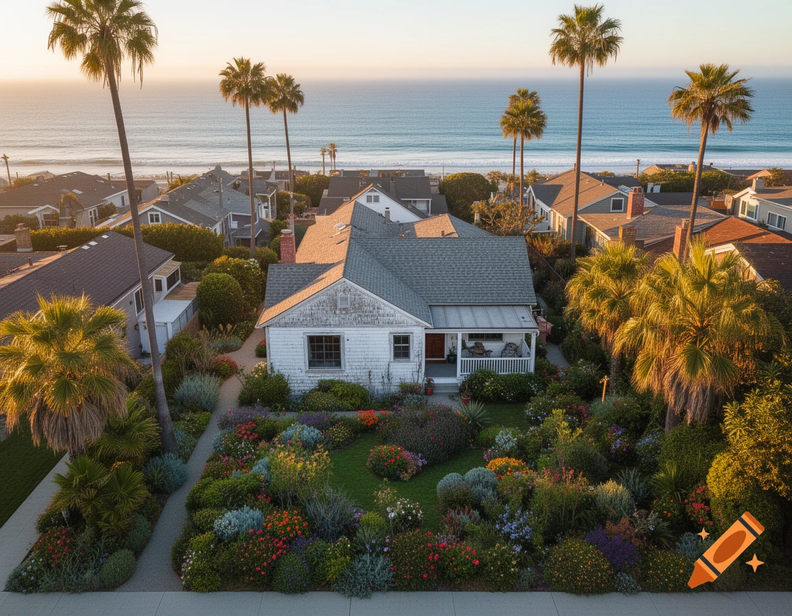 An aerial view of a white house with a colorful garden and palm trees, overlooking the Pacific Ocean at sunset.
