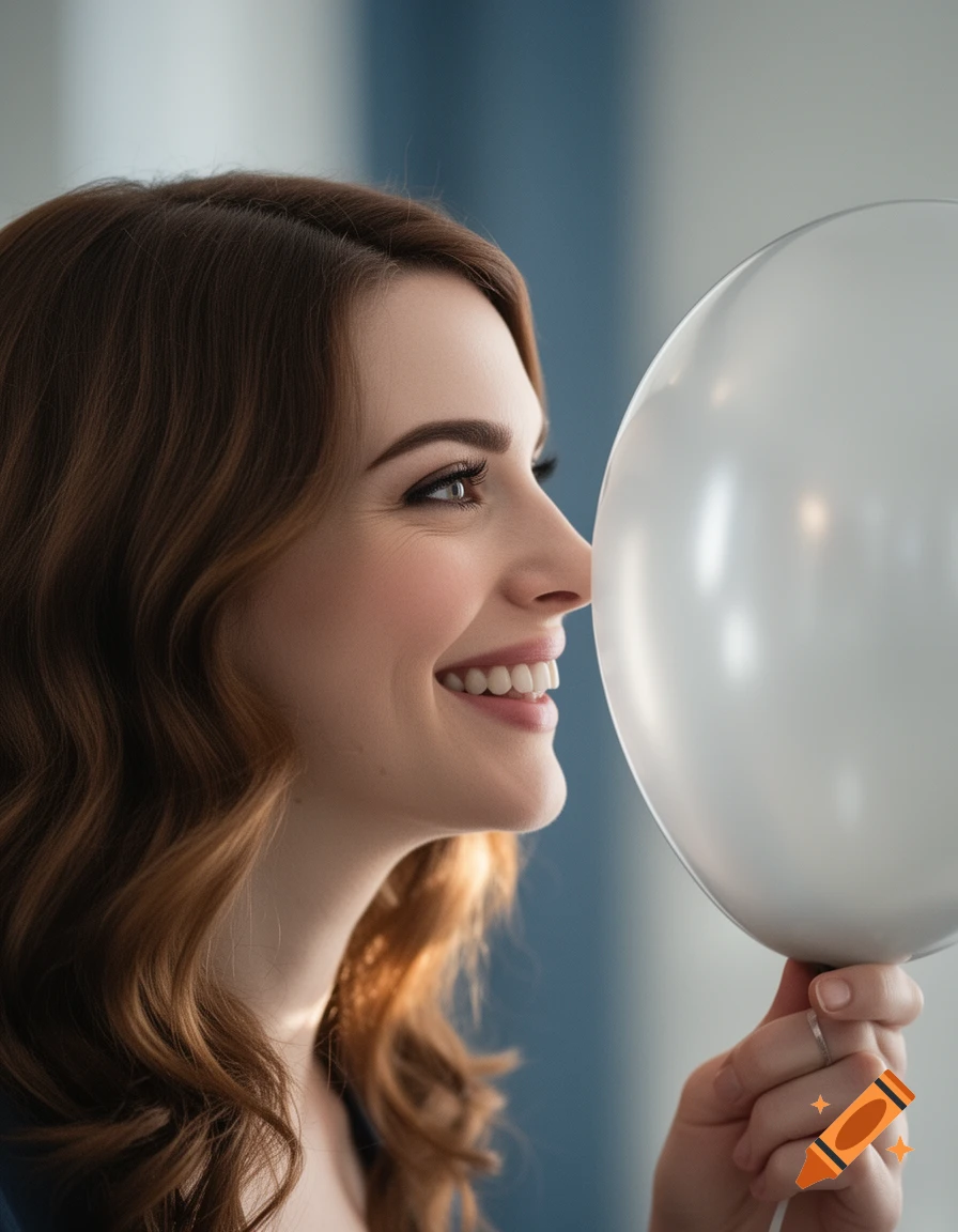 A smiling woman in profile holds a white balloon to her nose in a photorealistic portrait.