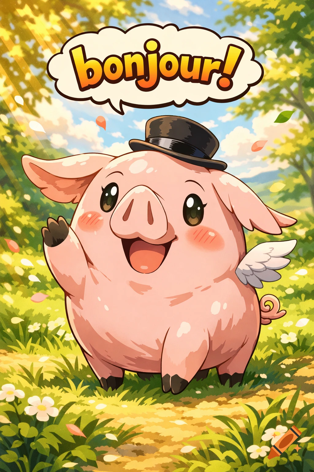 A cute, pink, cartoon pig in a top hat waves in a sunny field, with "bonjour!" in a speech bubble.