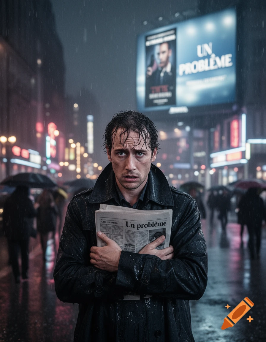 Distressed man in a black trench coat holds a newspaper in the pouring rain on a city street at night, with neon lights and a large billboard in the blurred background.