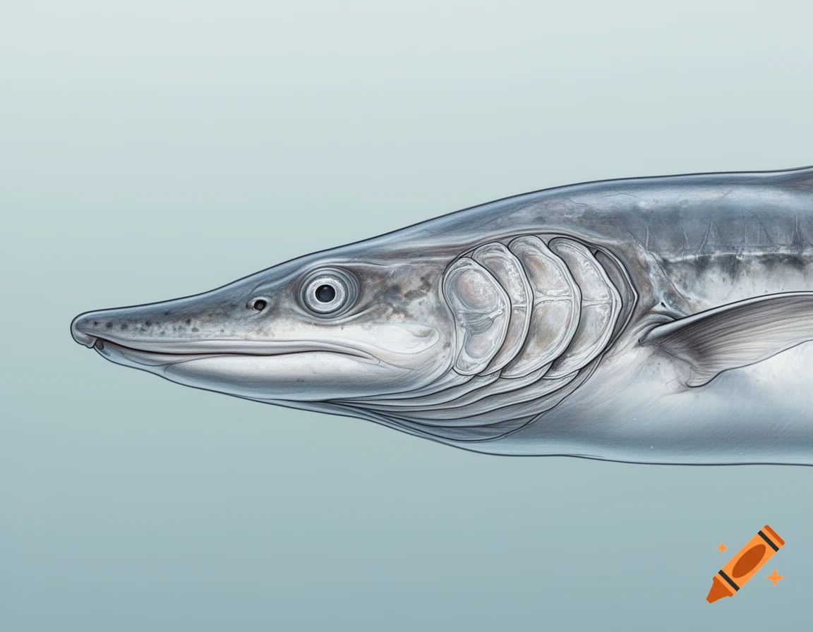 Detailed scientific illustration of a Hydrologus fish head and upper body, showing distinct gill structures, against a light blue background.