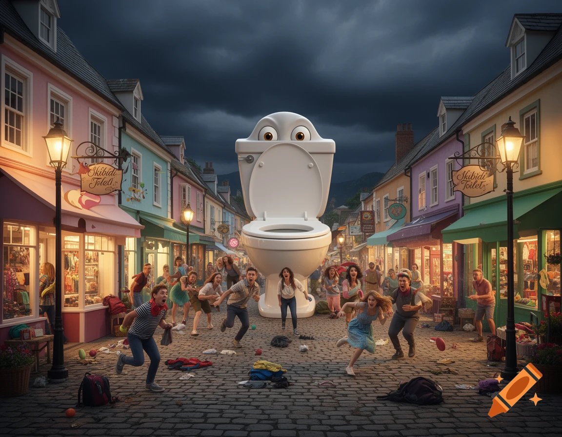 A giant Skibidi Toilet with eyes terrorizes people running through a cobblestone street in a colorful town at dusk.