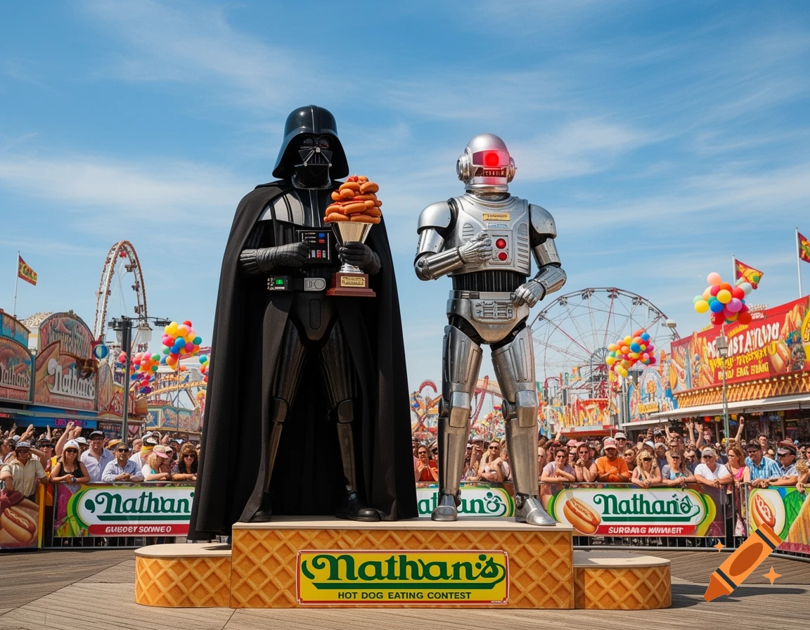 Darth Vader and a Cylon stand on a waffle-patterned podium holding a hot dog trophy at a Nathan's Hot Dog Eating Contest on Coney Island, surrounded by a crowd and carnival rides under a clear sky.