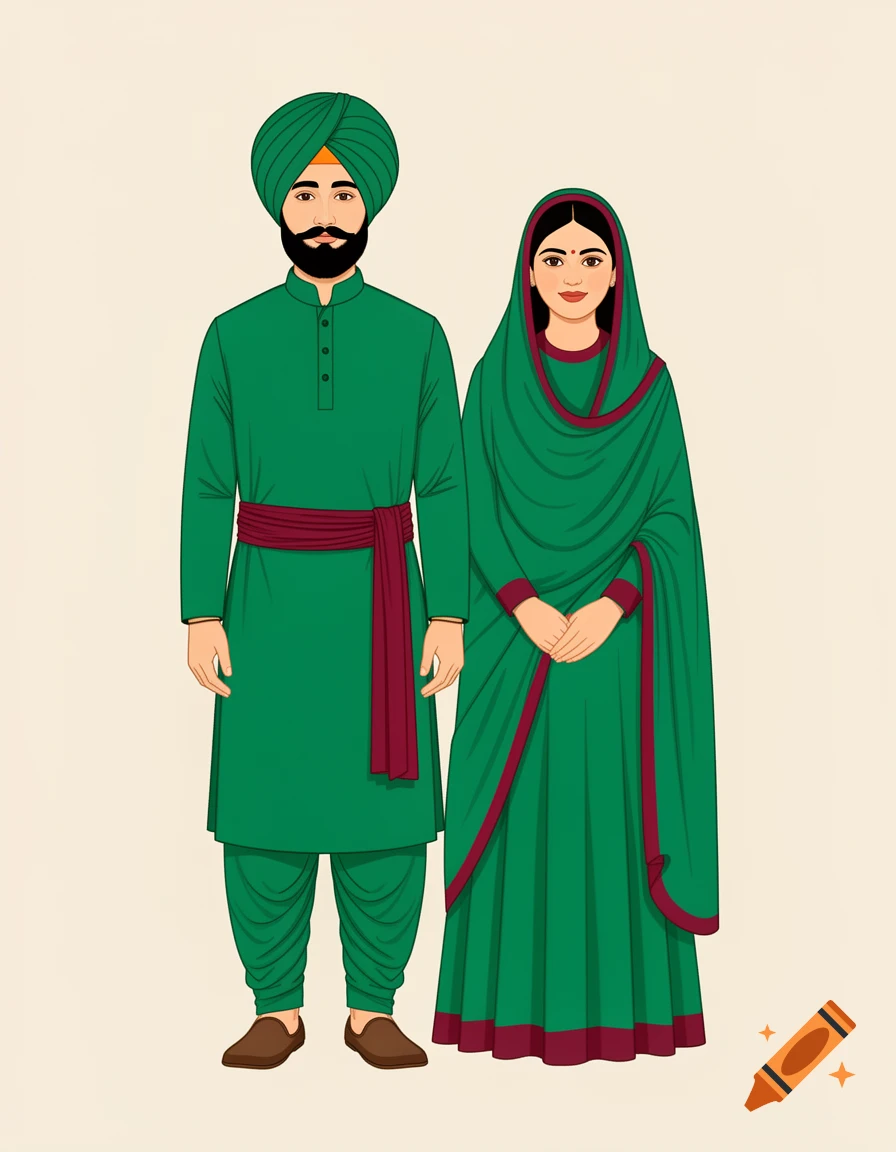 Graphic illustration of a Gursikh couple standing, dressed in matching green traditional attire with maroon accents.