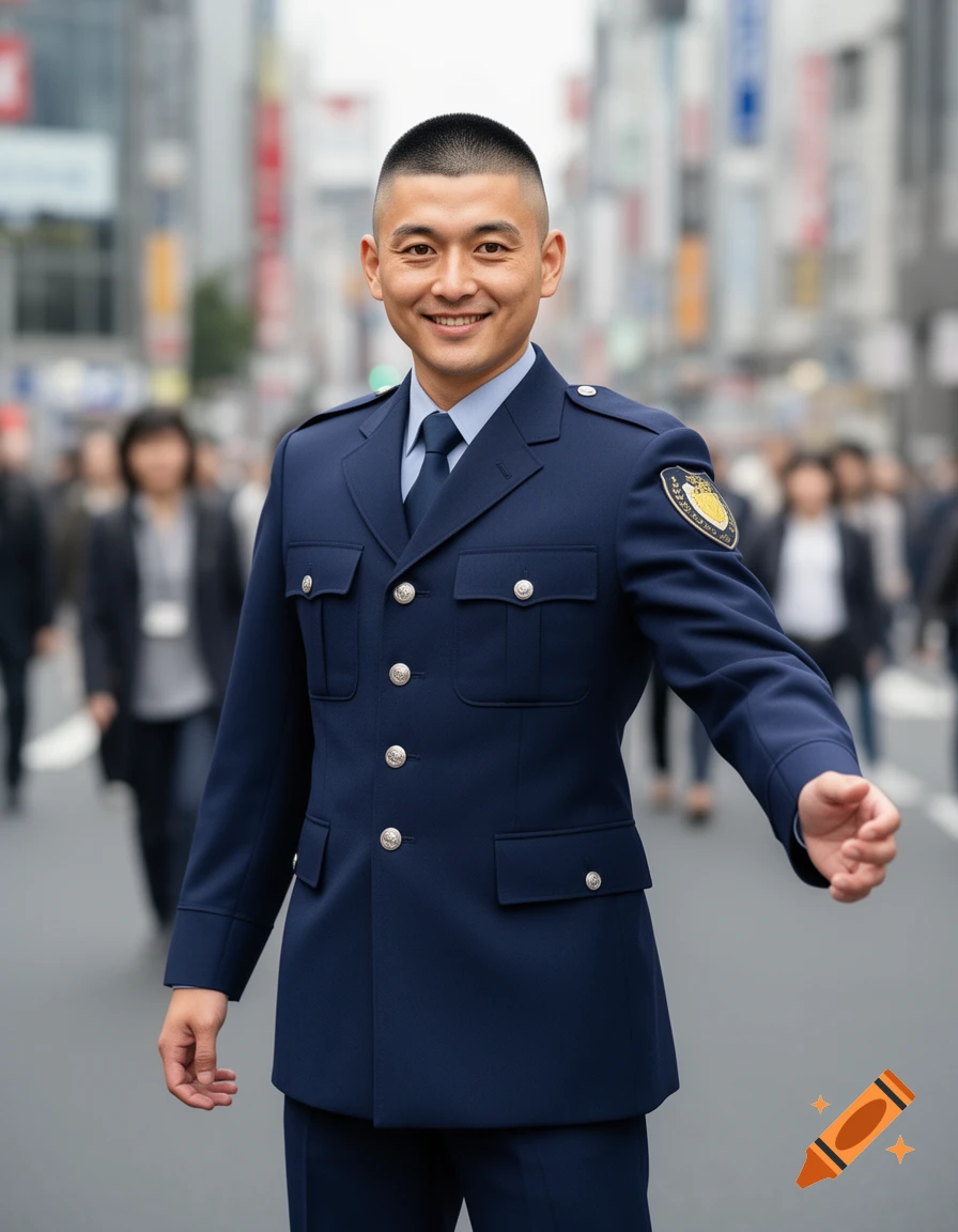 A smiling Japanese police officer in a blue uniform stands on a busy city street, looking at the camera.